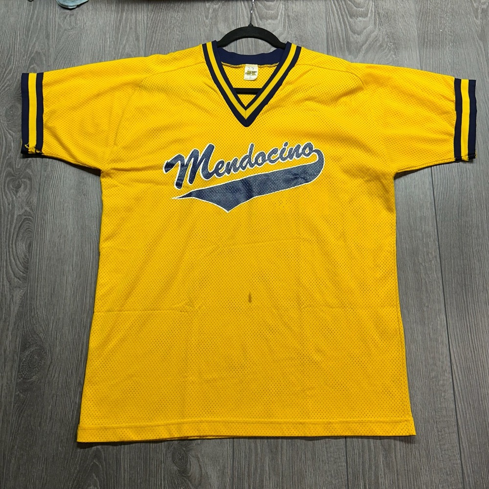 Vintage Russell Athletic Mendocino Mesh Jersey Yellow Navy 70s Script XL 27
